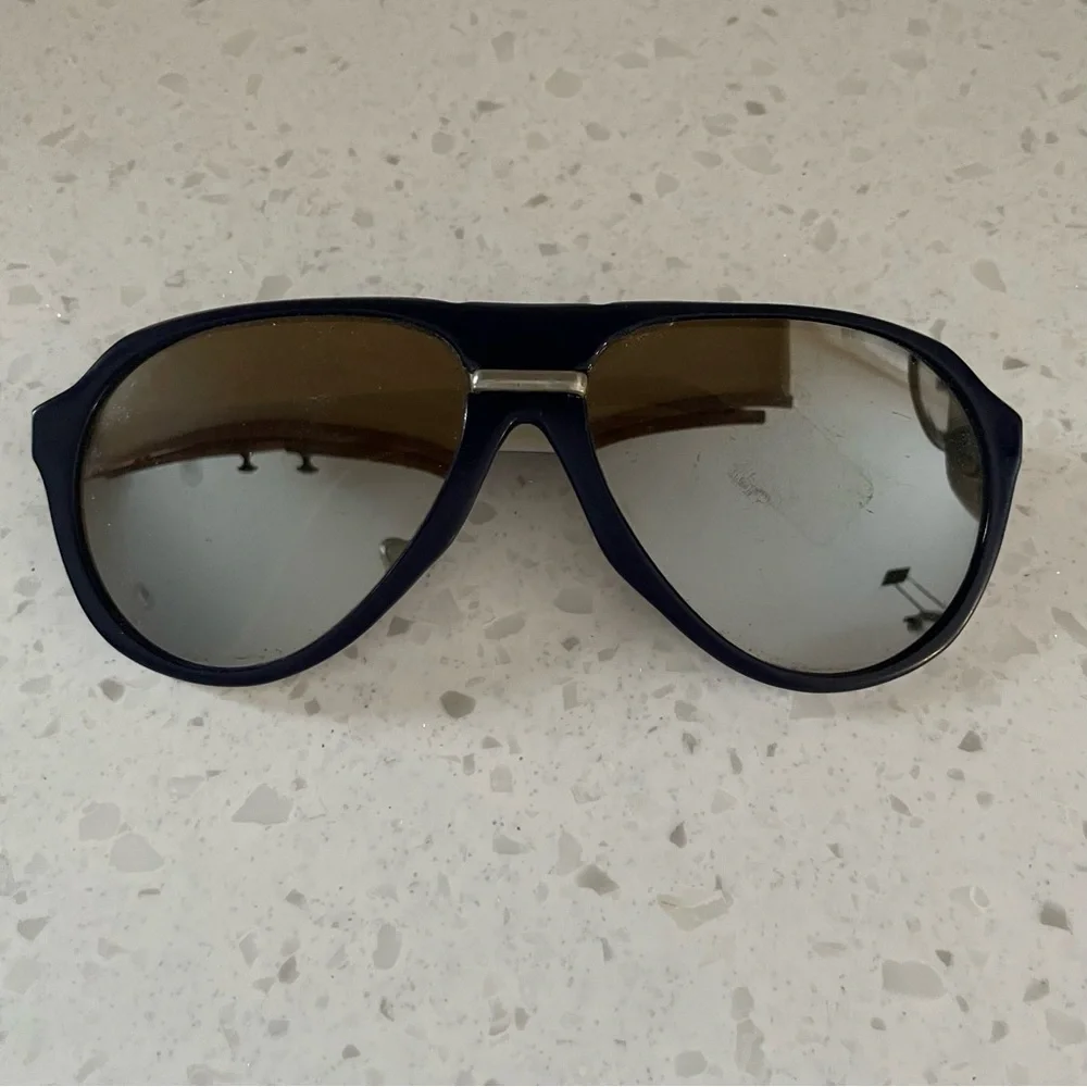 Vintage Black Mirrored Aviator Sunglasses Blue Glass Frame